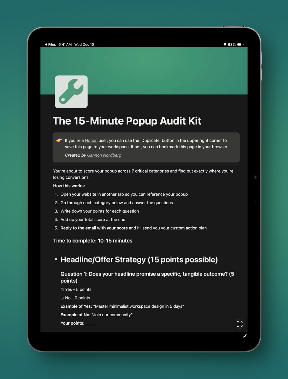 The 15-Minute Popup Audit Kit iPad mockup with the 15-Minute Popup Audit Kit in a Notion document